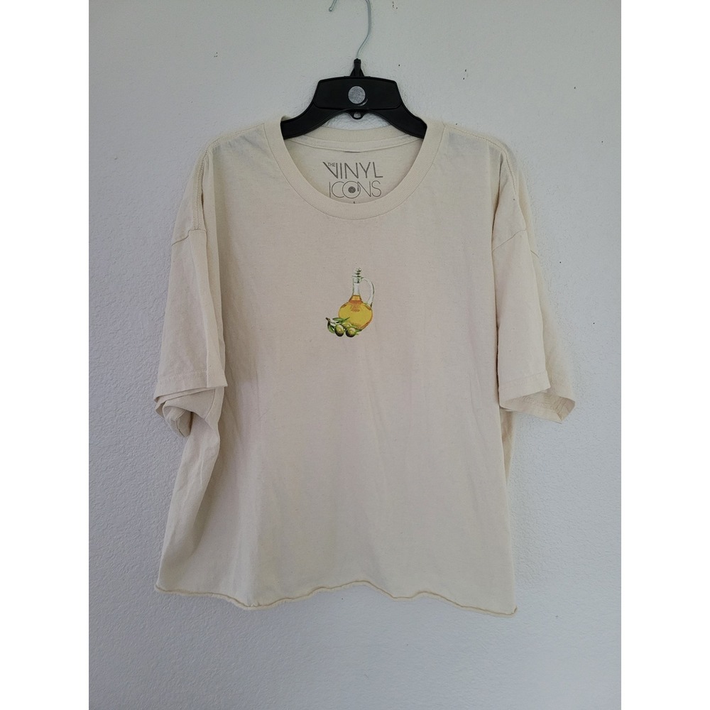 The Vinyl Icons Olive Oil Graphic T-Shirt Cream Cotton Raw Hem Womens Large #22